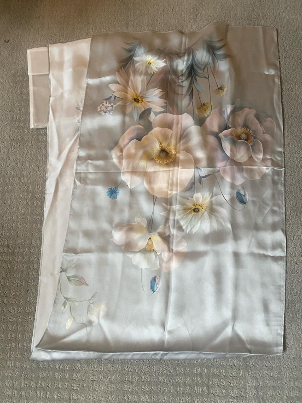 NET Floral Satin Wrap Scarf in Soft Blue Grey and Pastel Pink